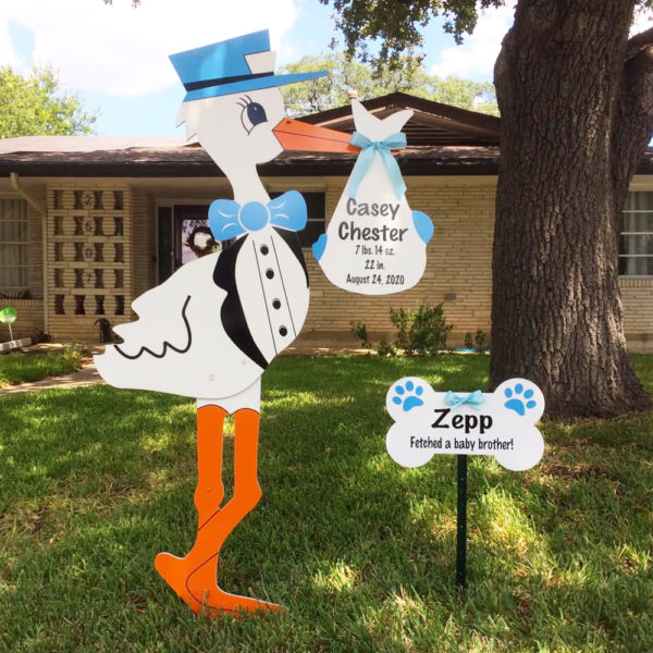 Blue Stork Sign with Dog Bone Sign: Stork Rental Yard Signs in Storks of South County, Southern California