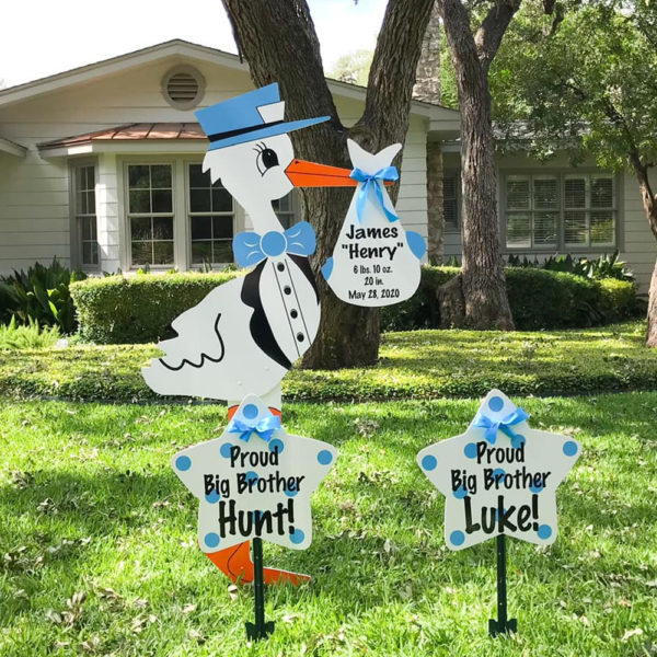 Blue Stork Sign with Sibling Star Sign: Stork Rental Yard Signs in Storks of South County, Southern California