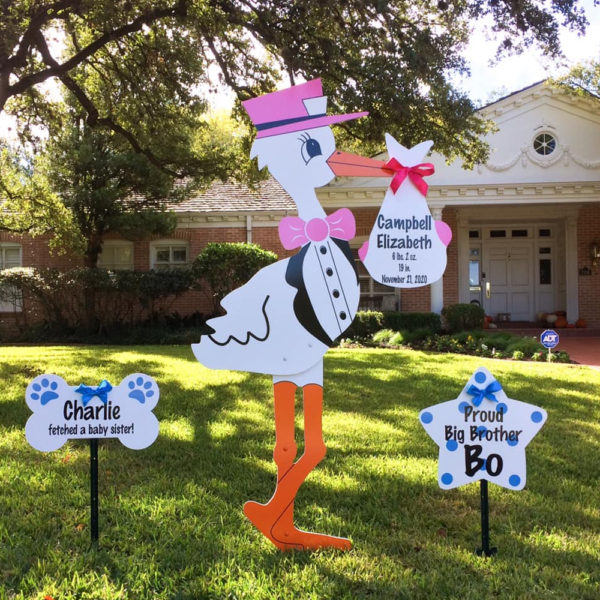 Pink Stork Sign with Dog Bone Sign and Sibling Star : Stork Rental Yard Signs in Storks of South County, Southern California