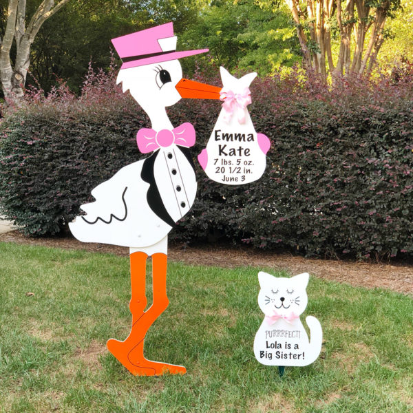 Pink Stork Sign with Cat Sign : Stork Rental Yard Signs in Storks of South County, Southern California